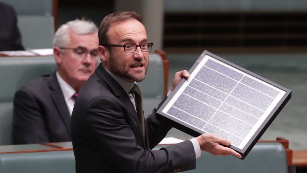 Adam Bandt brandishes a solar panel during question time earlier this year.