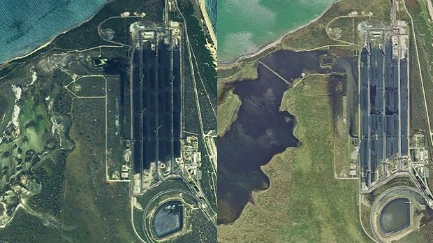 Satellite images of the Abbot Point coal terminal and neighbouring wetlands. Before Cyclone Debbie on the left and ...