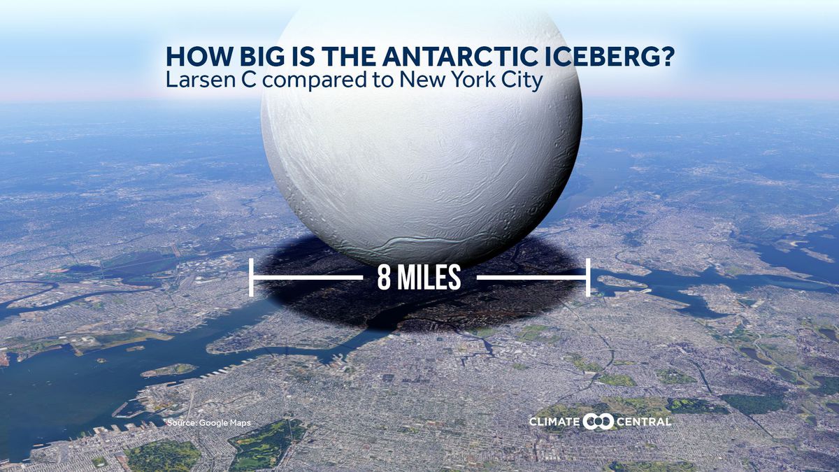 The iceberg envisioned as a 8-mile-high sphere on top of New York City.