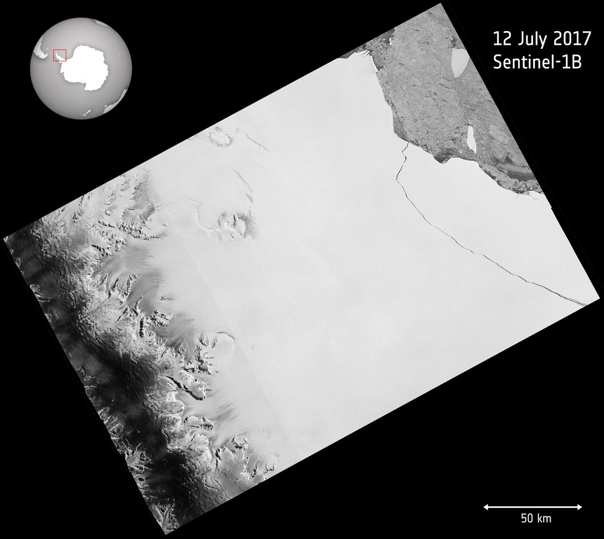 The break in the Larsen C Ice Shelf as seen from a European Space Agency satellite on July 12, 2017.