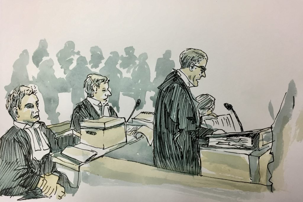 Courtroom drawing of Rory Mulcahy SC Climate Case proceedings by Emily Robyn Archer